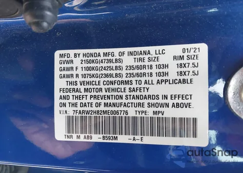 2021 Honda Cr-V Awd Ex-L из США, поврежденный, VIN 7FARW2H82ME006776